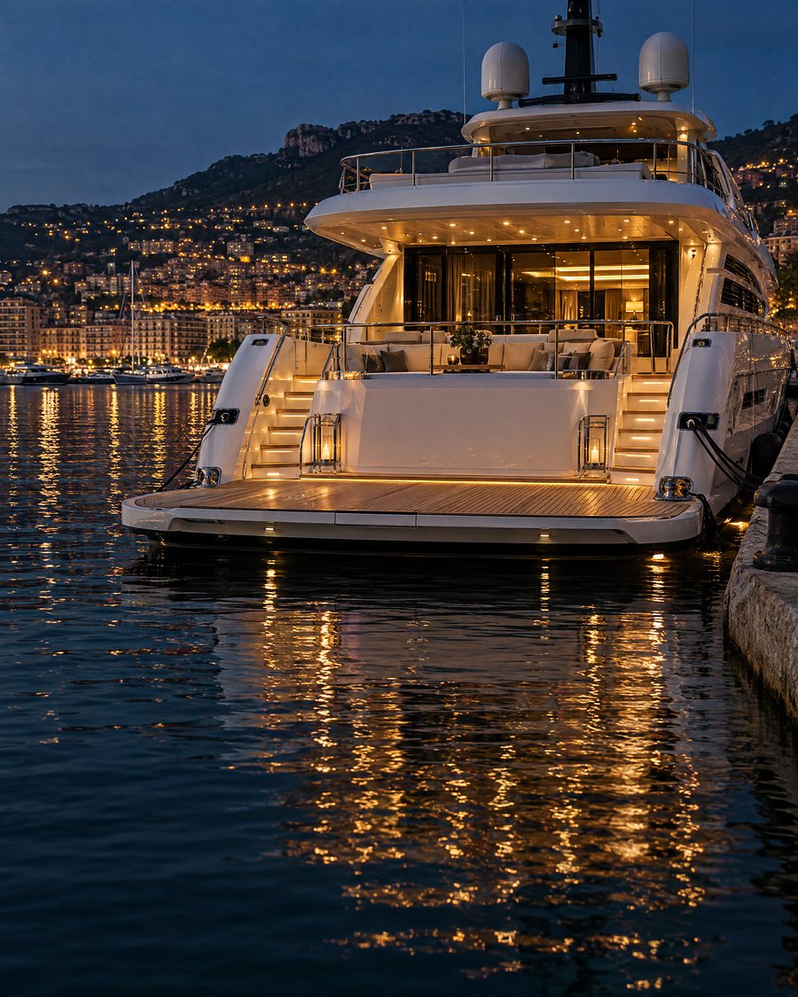 The stern of a superyacht moored in a harbour at dusk (AI illustration)
